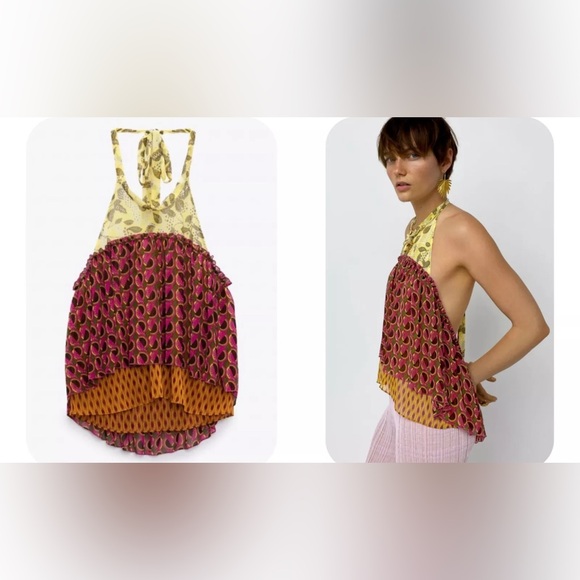 NWT ZARA Halter Neck Multicolored Printed Top Metallic Layer 7720/025 Size XL - Picture 7 of 14